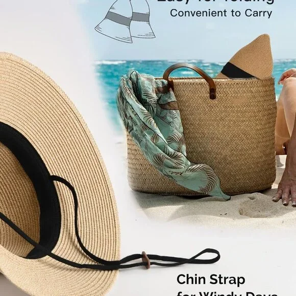 Womens Beach Sun Straw Hat UV UPF 80+ Travel Foldable Brim Summer UV Hat